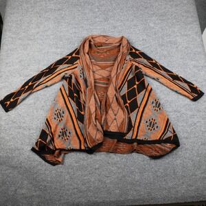 Baciano Cardigan Sweater Womens Medium Orange Black Gray Open Front Aztec Drape